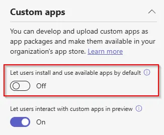 Screenshot showing the TAC Org-wide app setting to enable or block users from installing the Apps shared with them