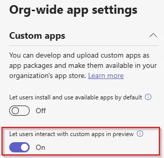 Screenshot showing the TAC setting to enable custom apps in preview