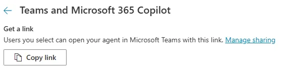 screenshot showing the Teams copy link button in Copilot Studio