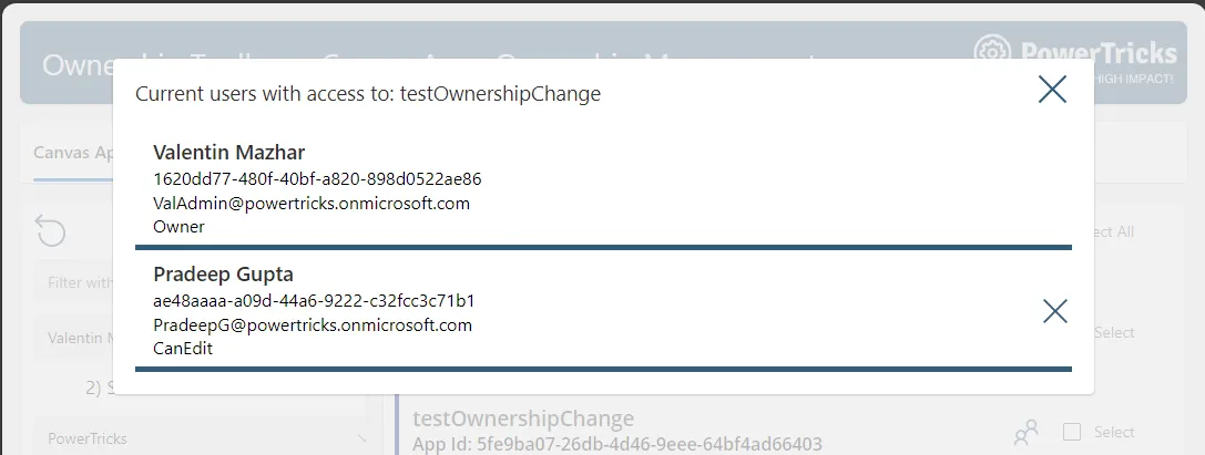Screenshot showing the app access checker in the Ownership Toolbox
