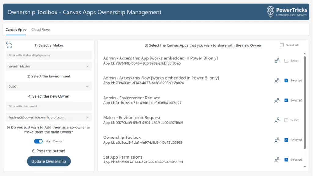 Screenshot of the ownership toolbox