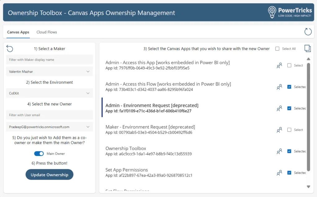 Screenshot of the Flow ownership screen in the ownership toolbox