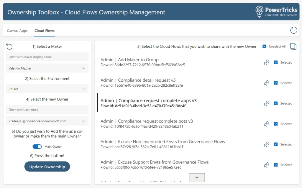 Screenshot of the App ownership screen in the ownership toolbox